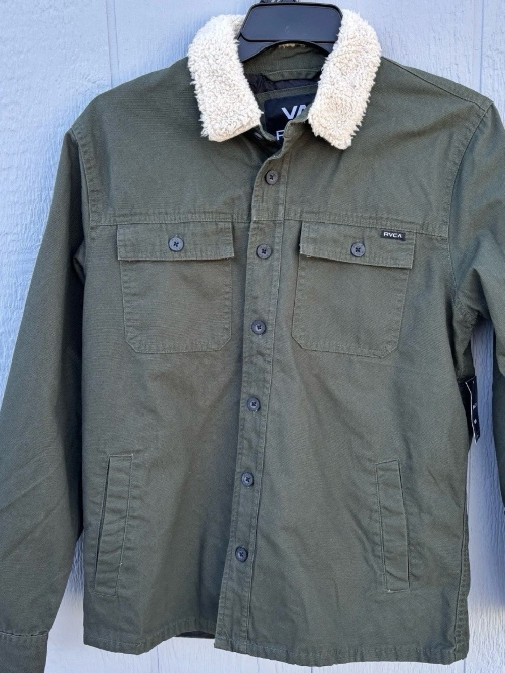 RVCA Olive Green Field Jacket with Cream Sherpa Collar